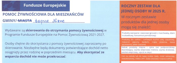 Informacja dotycząca pomocy żywnościowej dla mieszkańców Gminy Łapsze Niżne