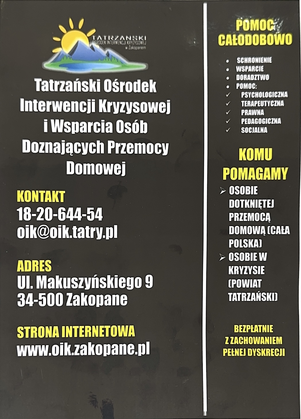 Nieodpłatne poradnictwo specjalistyczne w sytuacji kryzysowej CAŁODOBOWO